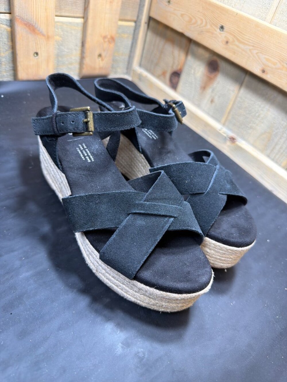 TOMS Monica Black Suede Espadrille Platform Wedge Sandals Women Size 7 US 37.5EU - Picture 2 of 9